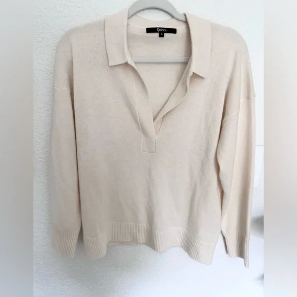 Quince Mongolian Cashmere Polo Sweater Ivory - Picture 3 of 7